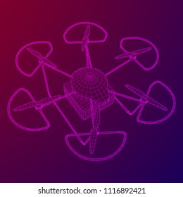 Remote control air drone. Dron flying with cargo box. Wireframe low poly mesh vector illustration