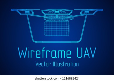 Remote control air drone. Dron flying with cargo box. Wireframe low poly mesh vector illustration
