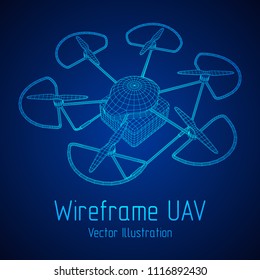 Remote control air drone. Dron flying with cargo box. Wireframe low poly mesh vector illustration