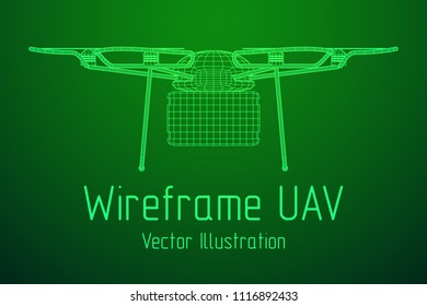 Remote control air drone. Dron flying with cargo box. Wireframe low poly mesh vector illustration