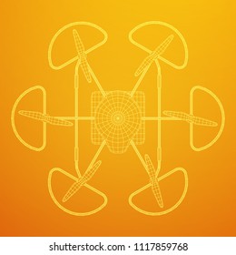 Remote control air drone. Dron flying with cargo box. Wireframe low poly mesh vector illustration