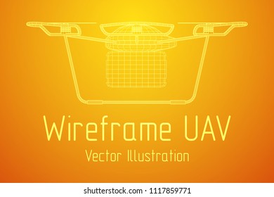 Remote control air drone. Dron flying with cargo box. Wireframe low poly mesh vector illustration
