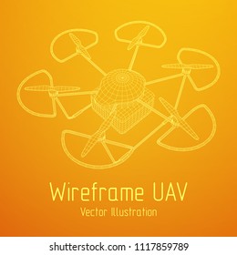 Remote control air drone. Dron flying with cargo box. Wireframe low poly mesh vector illustration