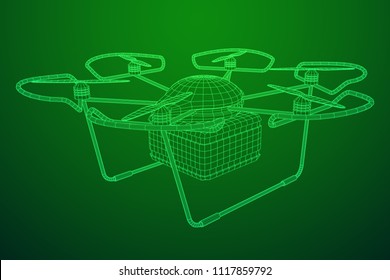 Remote control air drone. Dron flying with cargo box. Wireframe low poly mesh vector illustration