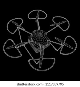 Remote control air drone. Dron flying with cargo box. Wireframe low poly mesh vector illustration