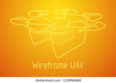 Remote control air drone. Dron flying with cargo box. Wireframe low poly mesh vector illustration