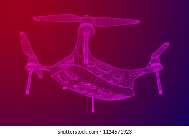 Remote control air drone. Dron flying with action video camera. Wireframe low poly mesh vector illustration