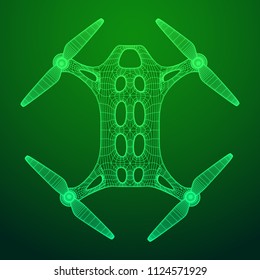 Remote control air drone. Dron flying with action video camera. Wireframe low poly mesh vector illustration