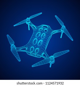 Remote control air drone. Dron flying with action video camera. Wireframe low poly mesh vector illustration