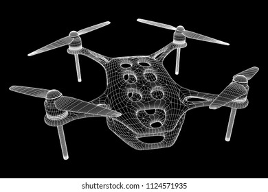 Remote control air drone. Dron flying with action video camera. Wireframe low poly mesh vector illustration