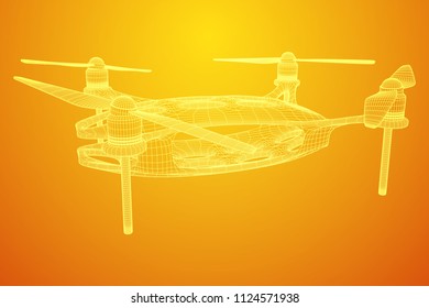 Remote control air drone. Dron flying with action video camera. Wireframe low poly mesh vector illustration
