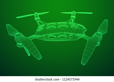 Remote control air drone. Dron flying with action video camera. Wireframe low poly mesh vector illustration