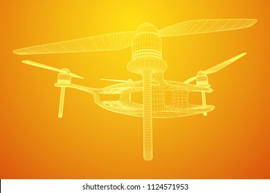 Remote control air drone. Dron flying with action video camera. Wireframe low poly mesh vector illustration