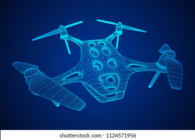 Remote control air drone. Dron flying with action video camera. Wireframe low poly mesh vector illustration