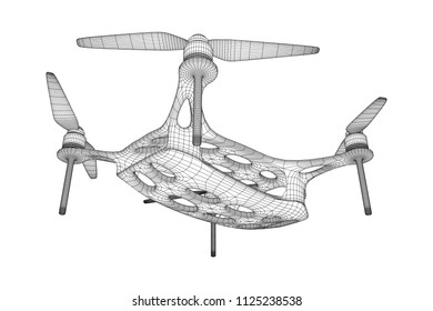 Remote control air drone. Dron flying with action video camera. Wireframe low poly mesh vector illustration