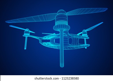 Remote control air drone. Dron flying with action video camera. Wireframe low poly mesh vector illustration
