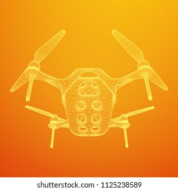 Remote control air drone. Dron flying with action video camera. Wireframe low poly mesh vector illustration