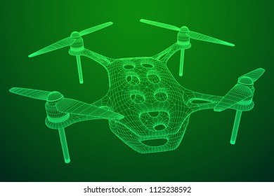 Remote control air drone. Dron flying with action video camera. Wireframe low poly mesh vector illustration