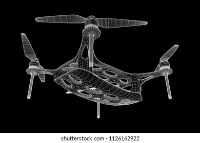 Remote control air drone. Dron flying with action video camera. Wireframe low poly mesh vector illustration