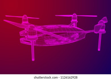 Remote control air drone. Dron flying with action video camera. Wireframe low poly mesh vector illustration