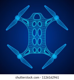 Remote control air drone. Dron flying with action video camera. Wireframe low poly mesh vector illustration