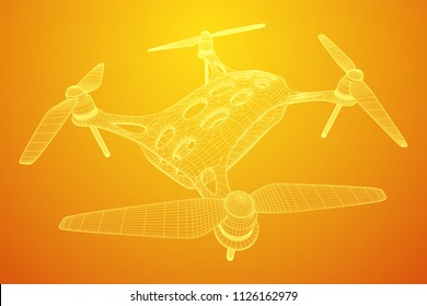 Remote control air drone. Dron flying with action video camera. Wireframe low poly mesh vector illustration