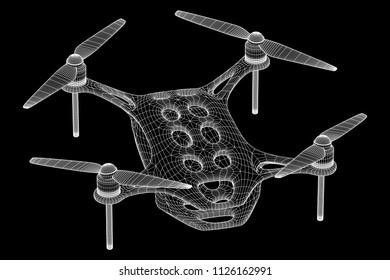 Remote control air drone. Dron flying with action video camera. Wireframe low poly mesh vector illustration