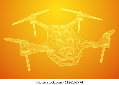 Remote control air drone. Dron flying with action video camera. Wireframe low poly mesh vector illustration