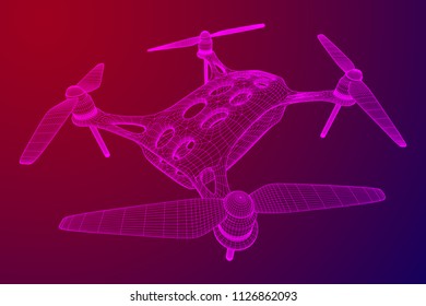 Remote control air drone. Dron flying with action video camera. Wireframe low poly mesh vector illustration