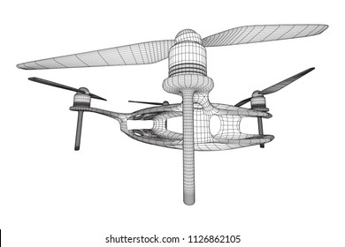 Remote control air drone. Dron flying with action video camera. Wireframe low poly mesh vector illustration