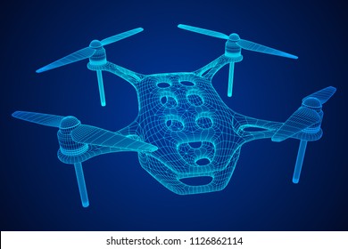 Remote control air drone. Dron flying with action video camera. Wireframe low poly mesh vector illustration