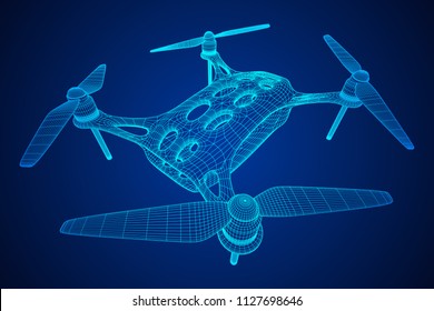 Remote control air drone. Dron flying with action video camera. Wireframe low poly mesh vector illustration