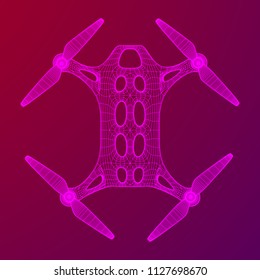 Remote control air drone. Dron flying with action video camera. Wireframe low poly mesh vector illustration