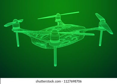 Remote control air drone. Dron flying with action video camera. Wireframe low poly mesh vector illustration