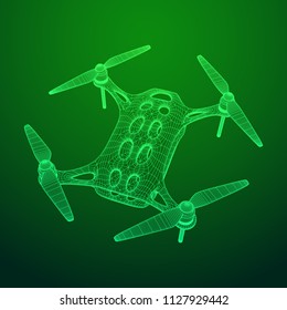 Remote control air drone. Dron flying with action video camera. Wireframe low poly mesh vector illustration