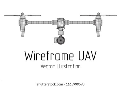 Remote control air drone. Dron flying with action video camera. Wireframe low poly mesh vector illustration