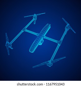 Remote control air drone. Dron flying with action video camera. Wireframe low poly mesh vector illustration