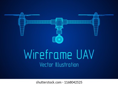 Remote control air drone. Dron flying with action video camera. Wireframe low poly mesh vector illustration