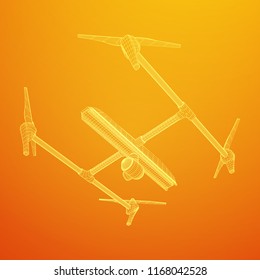 Remote control air drone. Dron flying with action video camera. Wireframe low poly mesh vector illustration