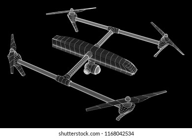 Remote control air drone. Dron flying with action video camera. Wireframe low poly mesh vector illustration