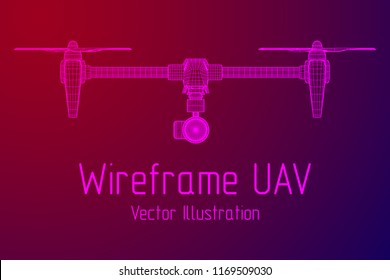 Remote control air drone. Dron flying with action video camera. Wireframe low poly mesh vector illustration