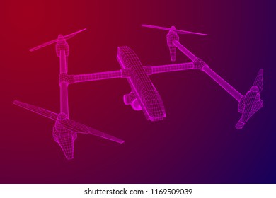 Remote control air drone. Dron flying with action video camera. Wireframe low poly mesh vector illustration