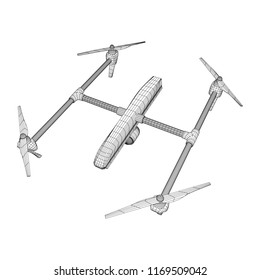 Remote control air drone. Dron flying with action video camera. Wireframe low poly mesh vector illustration