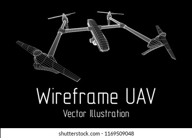Remote control air drone. Dron flying with action video camera. Wireframe low poly mesh vector illustration