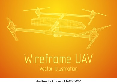Remote control air drone. Dron flying with action video camera. Wireframe low poly mesh vector illustration