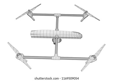 Remote control air drone. Dron flying with action video camera. Wireframe low poly mesh vector illustration