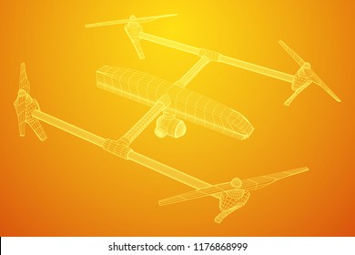 Remote control air drone. Dron flying with action video camera. Wireframe low poly mesh vector illustration