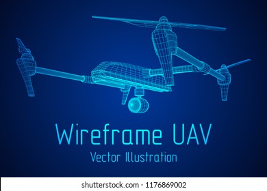 Remote control air drone. Dron flying with action video camera. Wireframe low poly mesh vector illustration