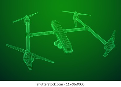 Remote control air drone. Dron flying with action video camera. Wireframe low poly mesh vector illustration