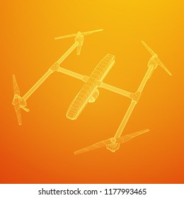 Remote control air drone. Dron flying with action video camera. Wireframe low poly mesh vector illustration